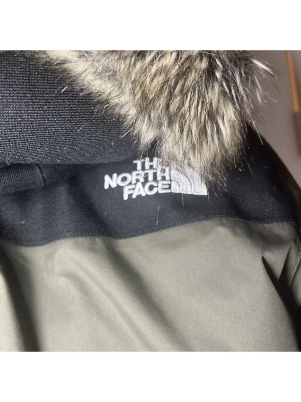 The North Face Faux Fur Removable Full Zip Down Jacket Olive Green Mens S Hooded